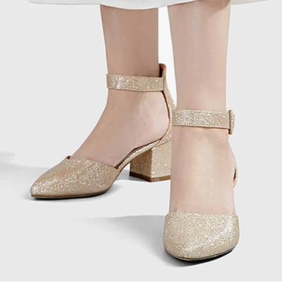 Women's Ankle Strap Closed Toe Low Block Heel Wedding Dress Dorsay Pumps - Picture 7 of 13